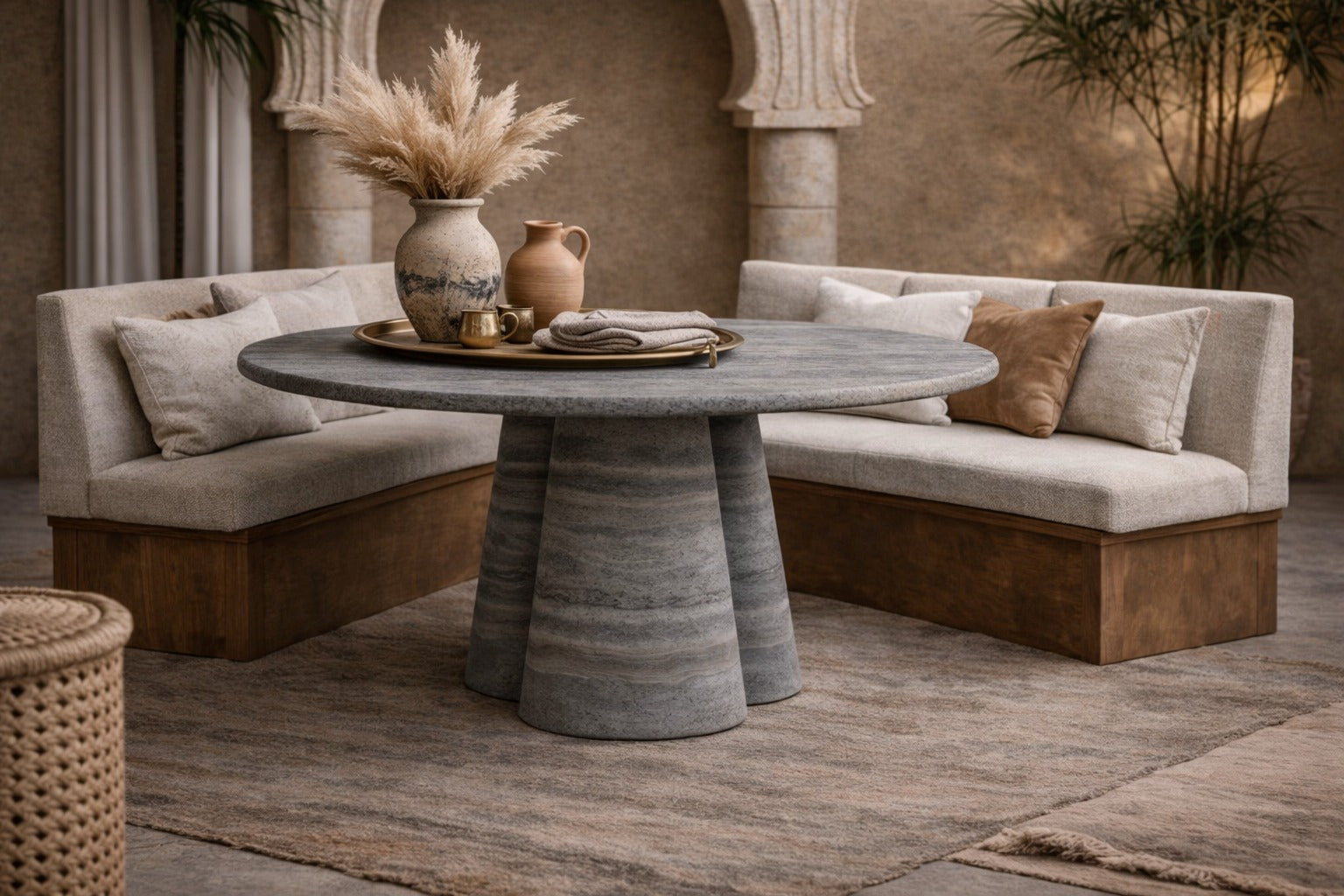 Guasha Silver Travertine Round Dining Table