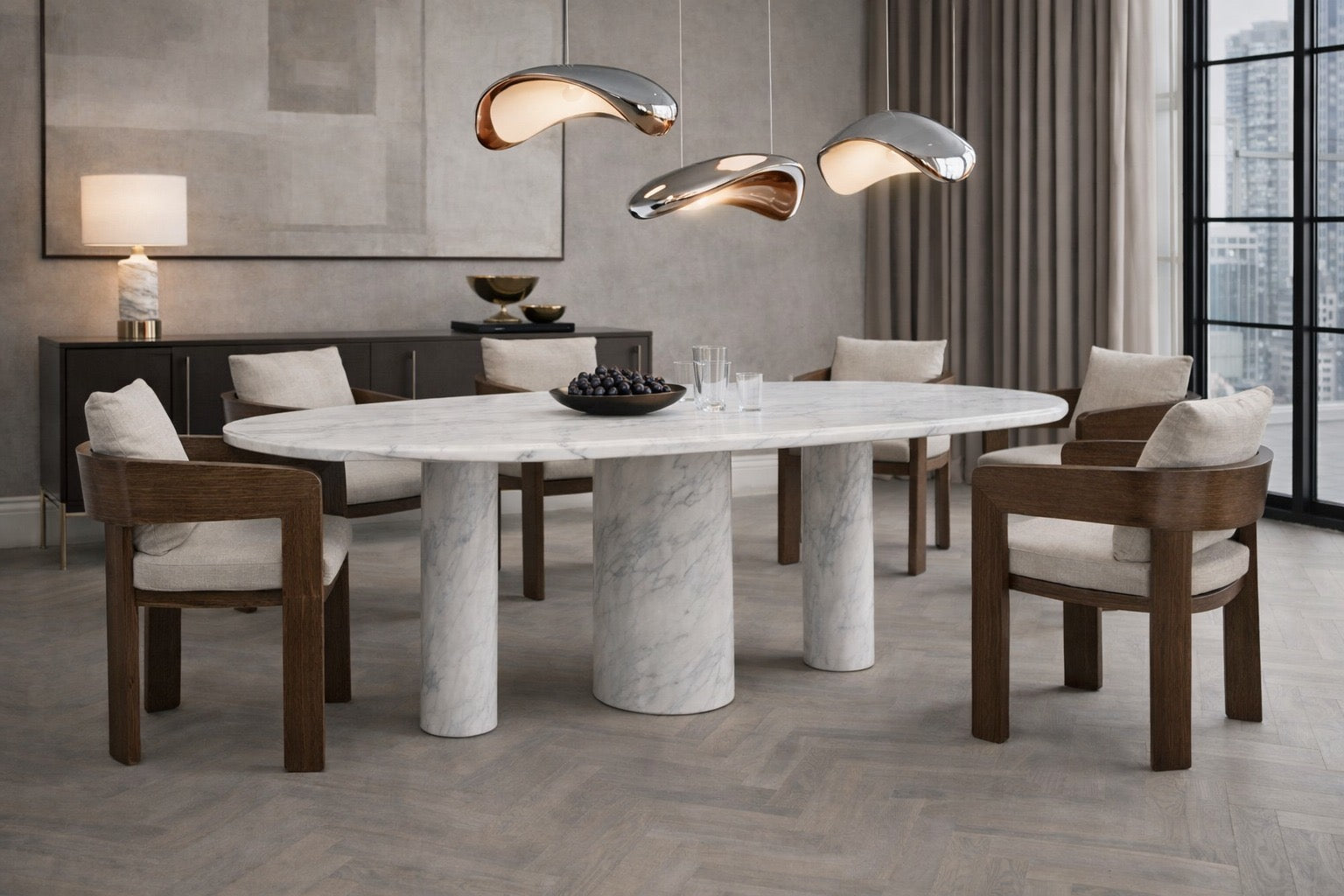 Pietra Tre Italian Carrara White Marble Oval Dining Table